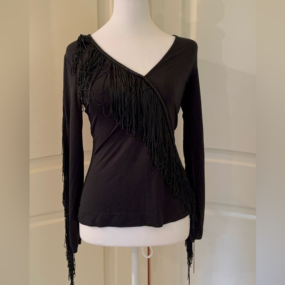 Uterque Women's Black Fringe V-Neck Long Sleeve Pullover Blouse Top Size…